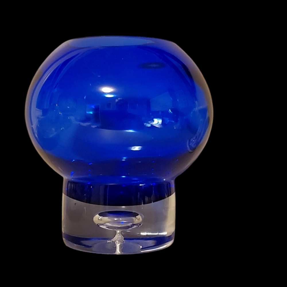 Vintage Cobalt Blue Crystal Vase /Clear Base With A Floating Bubble